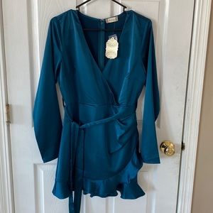 Dark Teal Altar’d State long sleeve mini dress v-neck size Large